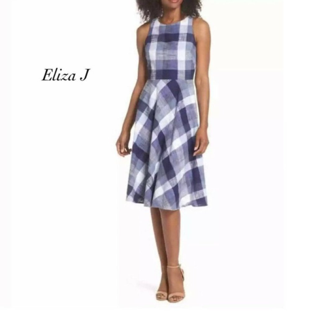 ELIZA J - Gingham Checkered Blue White Dress